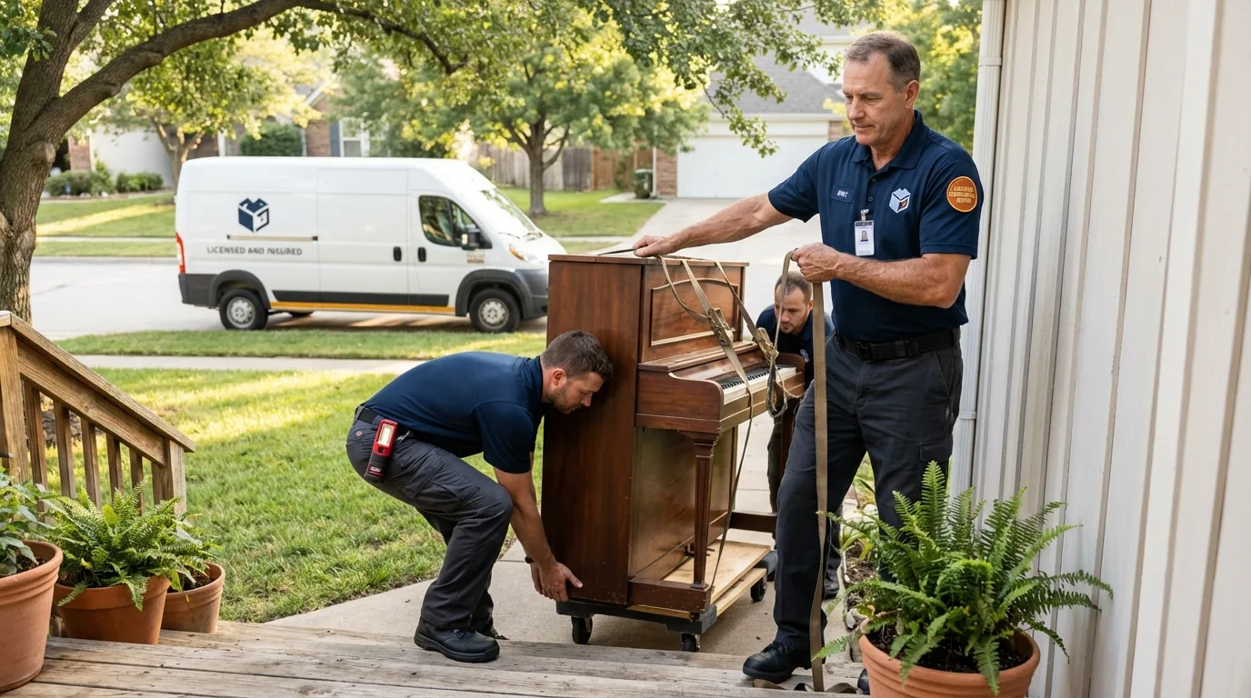 Licensed piano movers securing grand piano in Hammond, IN