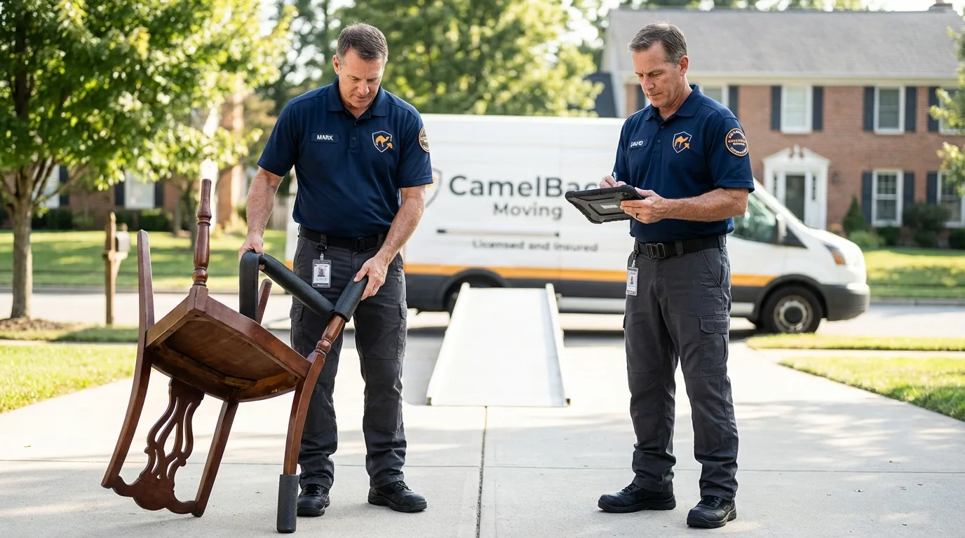Movers inspecting furniture for damage prevention before loading in Hammond, IN